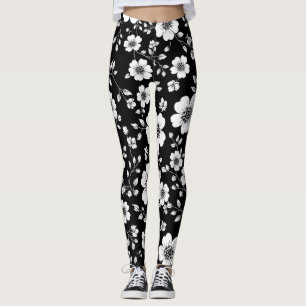 Legging Padrão Floral Sem Costura Preto e Branco Vintage (