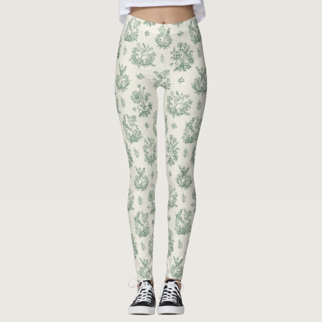 Legging Padrão Floral Toile de Ave em Verde Hortelã Vintag (Frente)