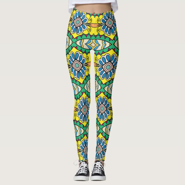 Legging Padrão floral tribal, ornamentado, desenhado à mão (Frente)