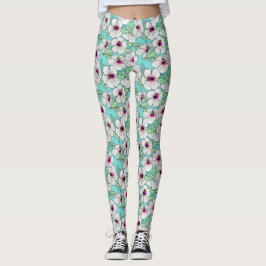 Legging Padrão Floral Tropical de Hibiscus Rosa e Branco