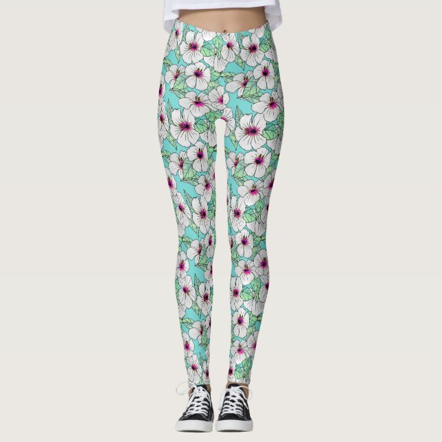 Legging Padrão Floral Tropical de Hibiscus Rosa e Branco (Frente)