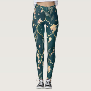 Legging Padrão Floral Verde e Dourado