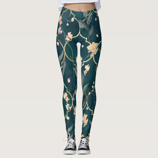 Legging Padrão Floral Verde e Dourado (Frente)