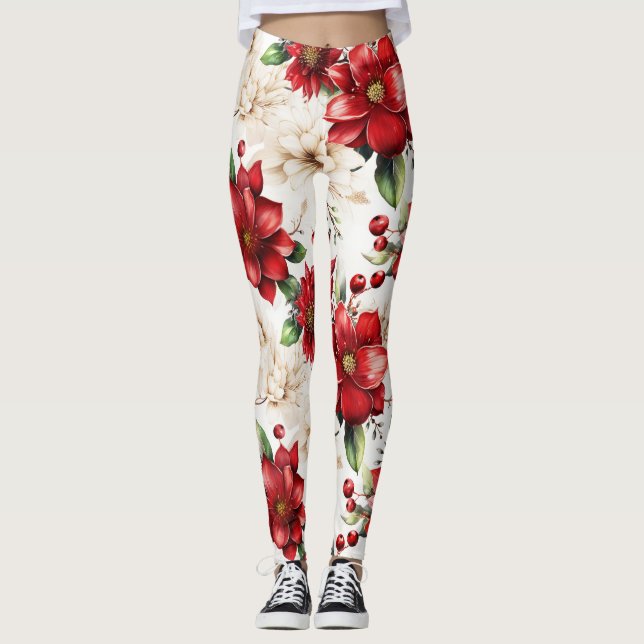 Legging Padrão Floral Verde Vermelho Verde Elegante Chic G (Frente)