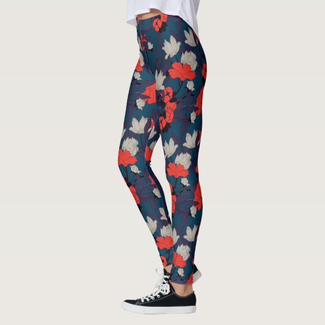 Legging Padrão Floral Vermelho e Azul Elegante (Esquerda)