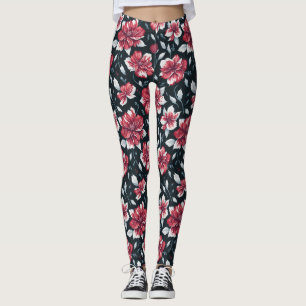 Legging Padrão Floral Vermelho E Preto Único Da Vintagem