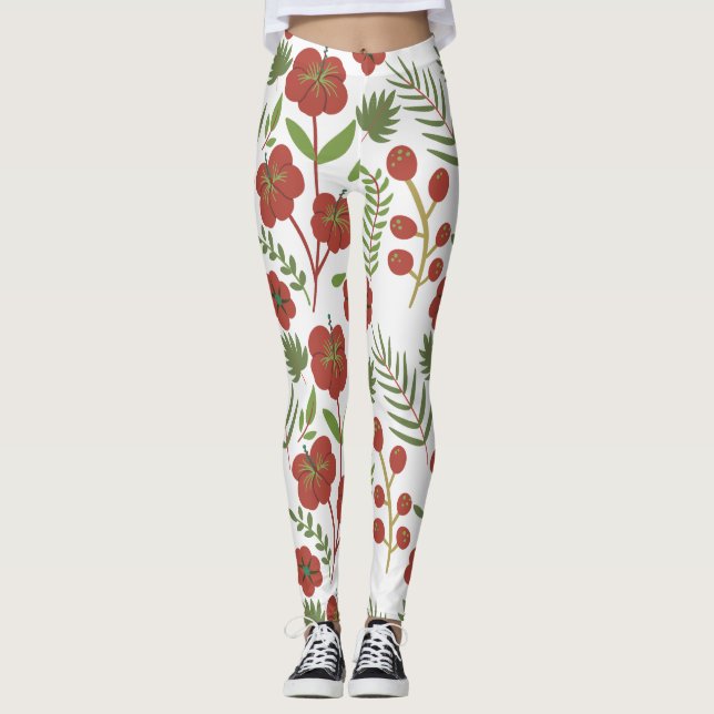 Legging Padrão floral vermelho sem costura sobre fundo bra (Frente)
