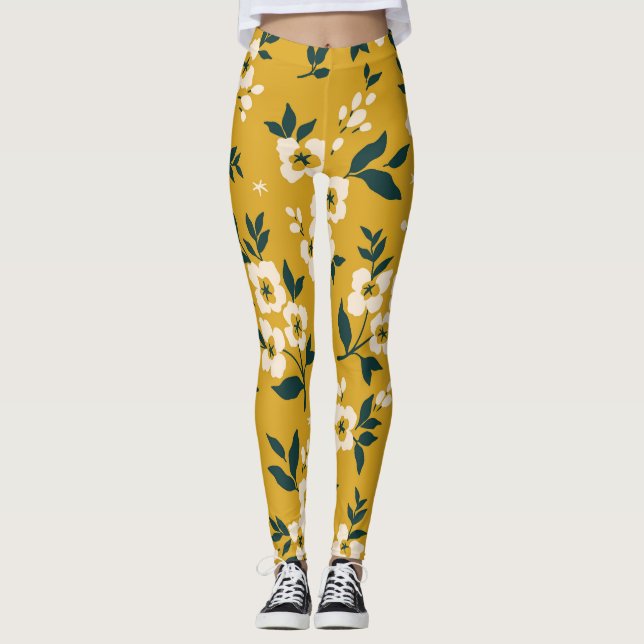 Legging Padrão floral vítreo, pequenas flores brancas. (Frente)