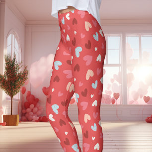 Legging Padrão Fofo de Corações Vermelhos e Rosados no Dia