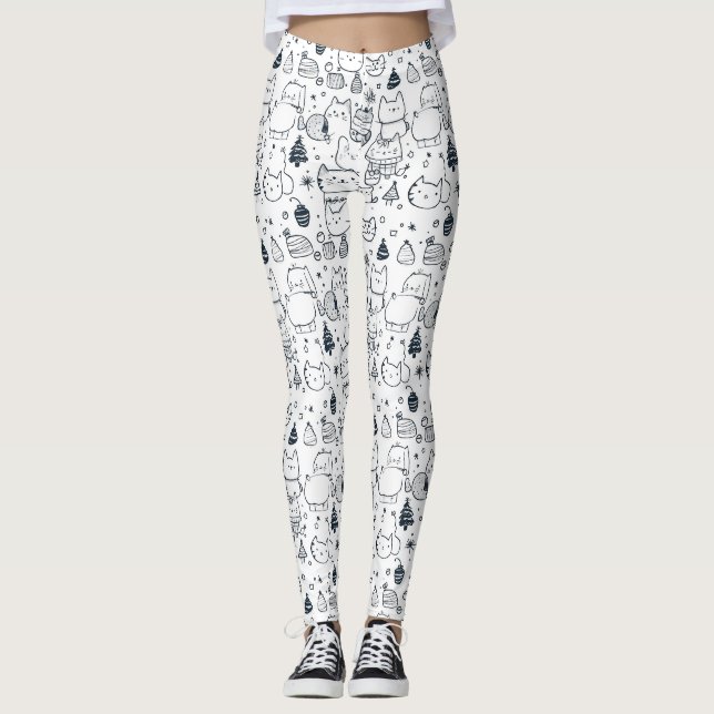 Legging Padrão Fofo de Natal de Inverno com Doodle (1) (Frente)