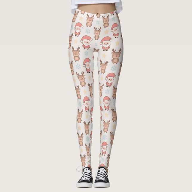 Legging Padrão Fofo de Papai Noel e Rena (Frente)
