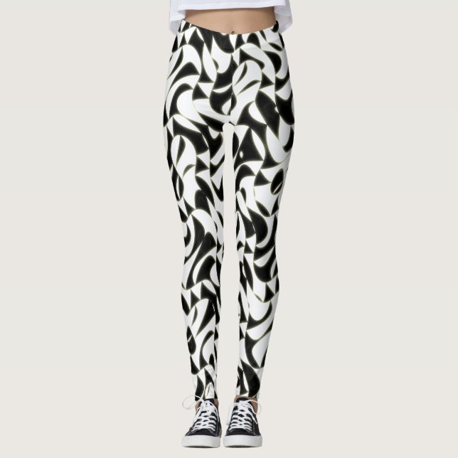 Legging Padrão Fractal Abstrato Preto e Branco (Frente)