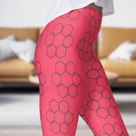Legging Padrão Fresco de Colmeia de Abelhas Vermelha de Fu