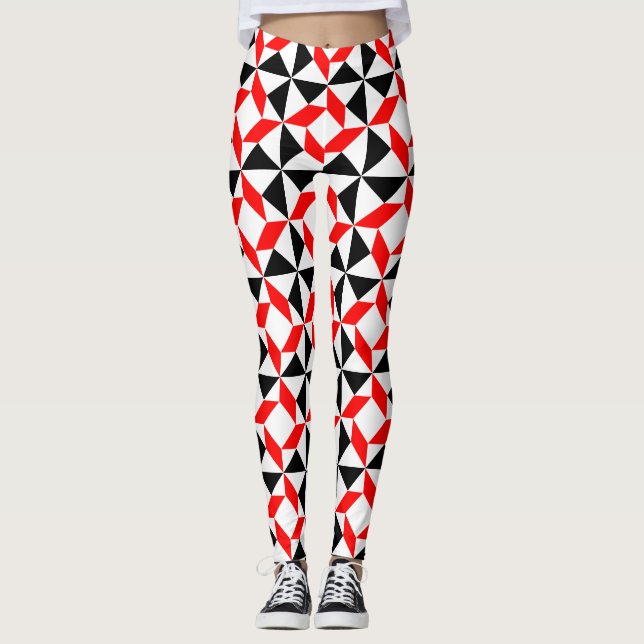 Legging Padrão geométrico abstrato branco vermelho preto (Frente)