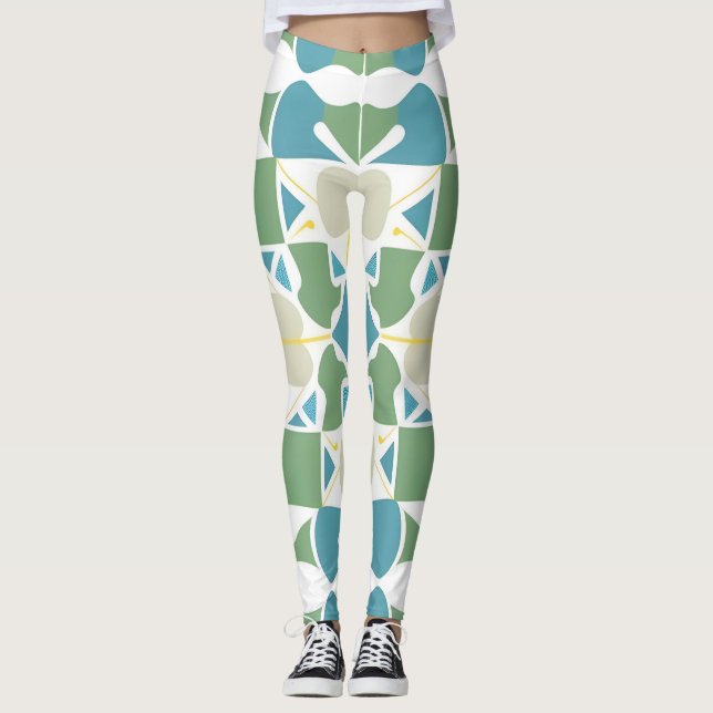 Legging Padrão Geométrico Abstrato em Verde e Azul (Frente)