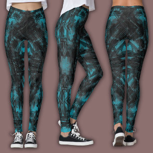 Legging Padrão Geométrico Abstrato Preto e Azul Turquesa