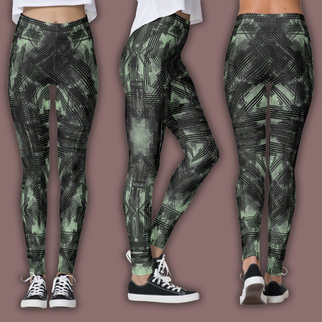 Legging Padrão Geométrico Abstrato | Preto e Verde-Menta (Criador carregado)