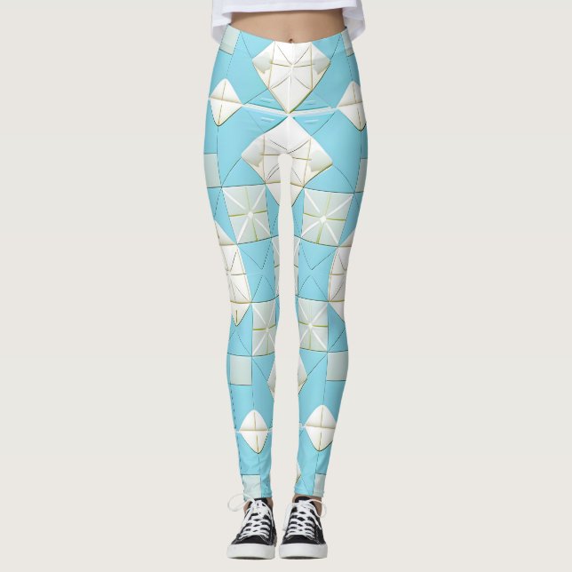 Legging Padrão Geométrico Azul e Branco (Frente)