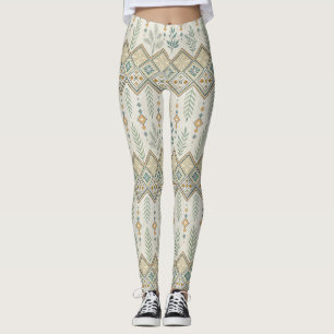 Legging Padrão Geométrico Botânico de Arte Folclórica