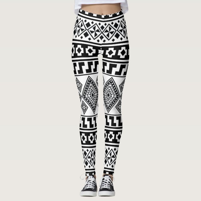 Legging Padrão Geométrico Branco Negro Tribal Aztec Boho (Frente)