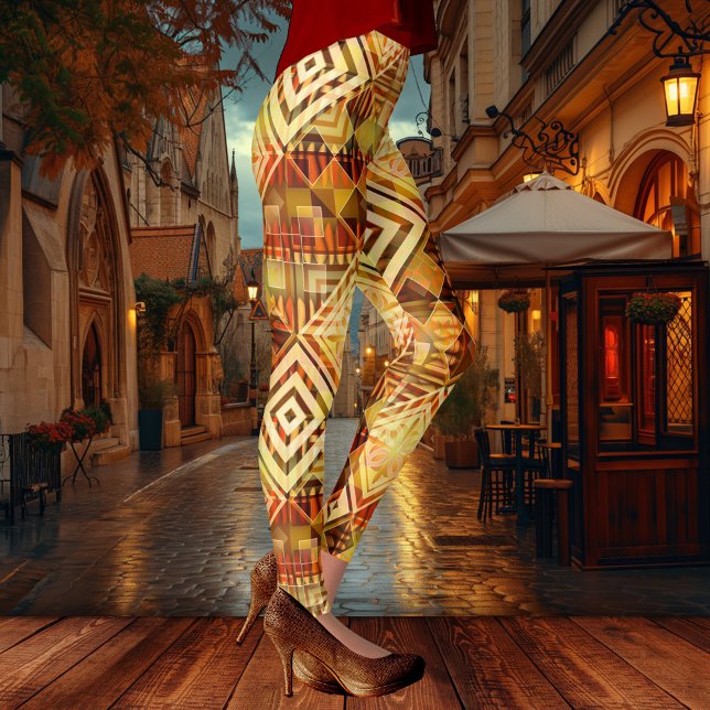 Legging Padrão geométrico de Abstrato inspiração da nature (Modern design leggings showing a nature inspired geometric pattern in a variety of warm fall colors)