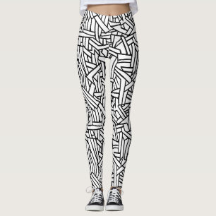 Legging Padrão Geométrico de Linha Preto e Branco Abstrato