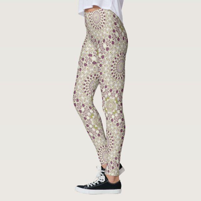 Legging Padrão Geométrico de Mandala Roxo e Oliva (Esquerda)