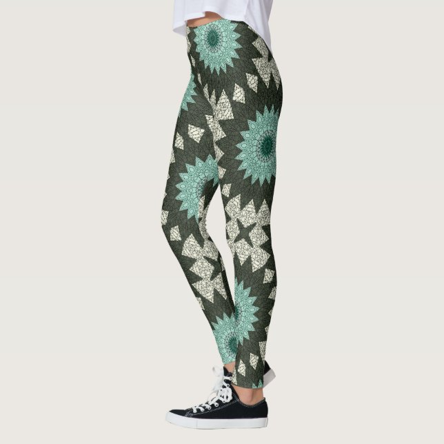 Legging Padrão Geométrico de Mandala Teal e Verde (Esquerda)
