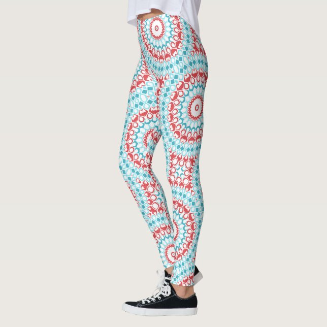 Legging Padrão Geométrico de Mandala Vermelho e Aqua (Esquerda)