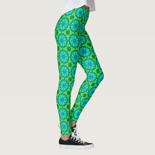 Legging Padrão geométrico de margarida em Turquesa e Verde (Direita)