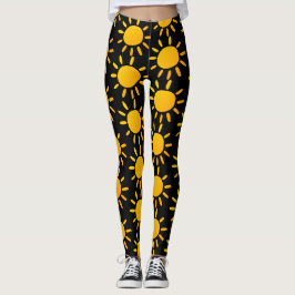 Legging Padrão Geométrico de Sol de Verão Preto e Amarelo