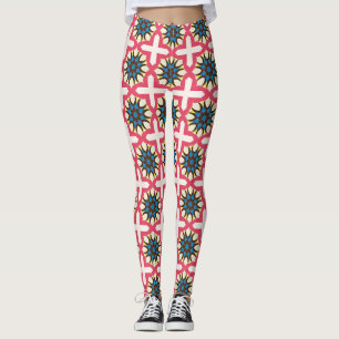 Legging Padrão Geométrico de Treliça Floral Azul Rosa