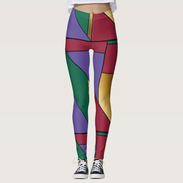 Legging Padrão Geométrico Dourado Vermelho Verde Roxo (Frente)