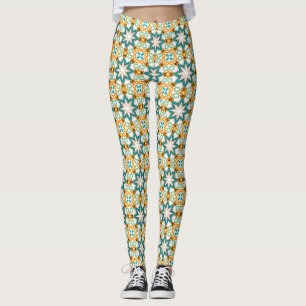 Legging Padrão Geométrico Floral Laranja Turquesa