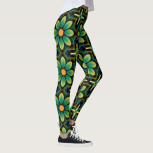 Legging Padrão Geométrico Floral Verde e Amarelo