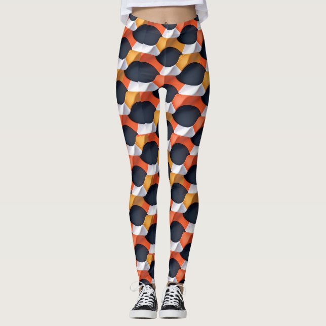 Legging Padrão Geométrico Moderno de Ondas 3D em Cores Neg (Frente)