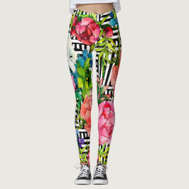 Legging Padrão Geométrico Preto-Branco das Flores de Água