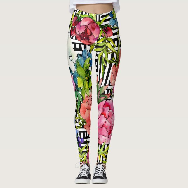 Legging Padrão Geométrico Preto-Branco das Flores de Água (Frente)