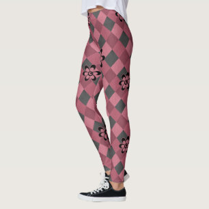 Legging Padrão geométrico rosa-cinza com flores