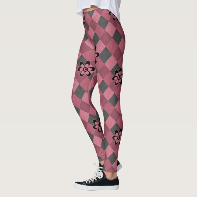 Legging Padrão geométrico rosa-cinza com flores (Esquerda)