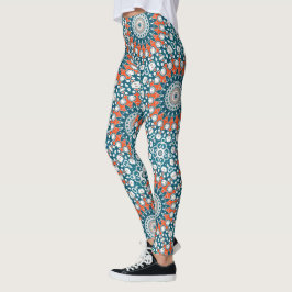 Legging Padrão Geométrico Totem Laranja e Teal Mandala