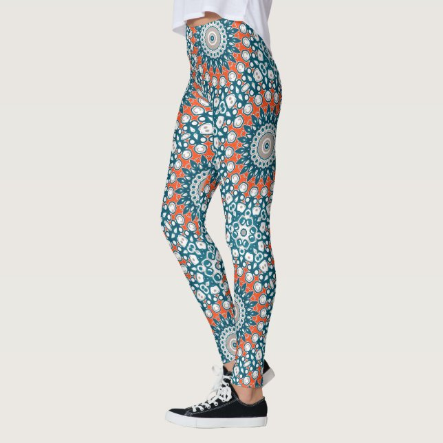 Legging Padrão Geométrico Totem Laranja e Teal Mandala (Esquerda)