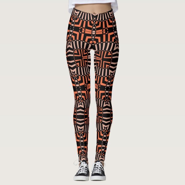 Legging Padrão Geométrico Trendy Orange & Black Op Art (Frente)