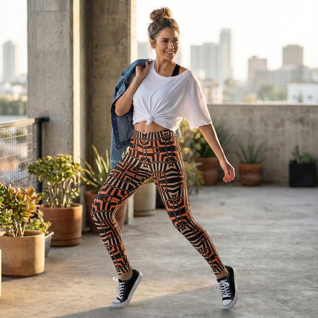 Legging Padrão Geométrico Trendy Orange & Black Op Art (Criador carregado)
