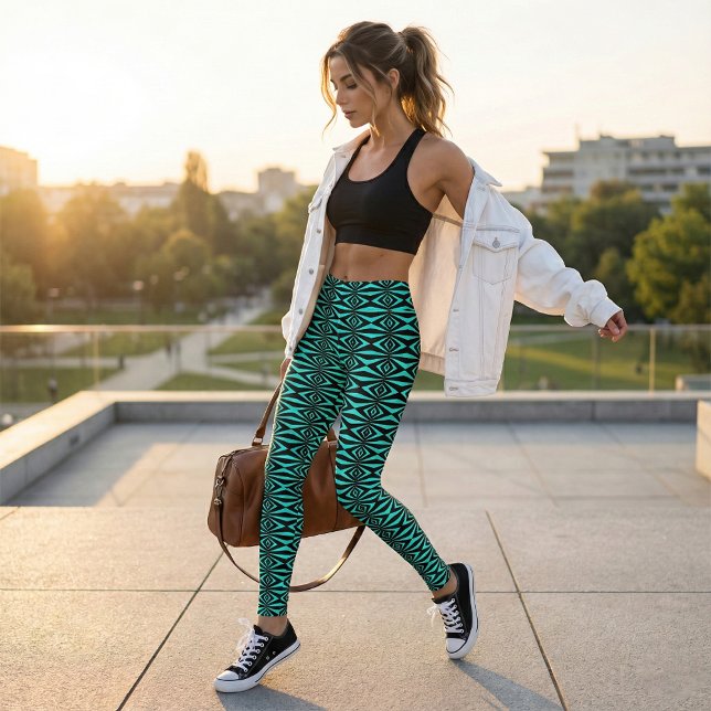 Legging Padrão Geométrico Trendy Teal & Black Op Art (Criador carregado)