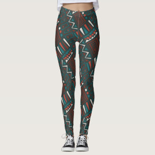 Legging Padrão Geométrico Tribal Negrito em Vermelho, Teal