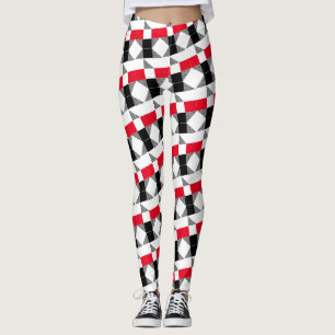 Legging padrão geométrico vermelho preto e branco listrado