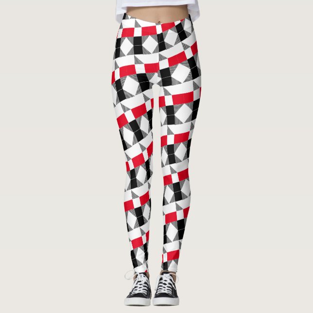 Legging padrão geométrico vermelho preto e branco listrado (Frente)