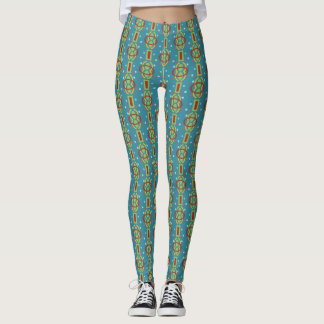 Legging Padrão girado com pontas de abstrato no fundo azul