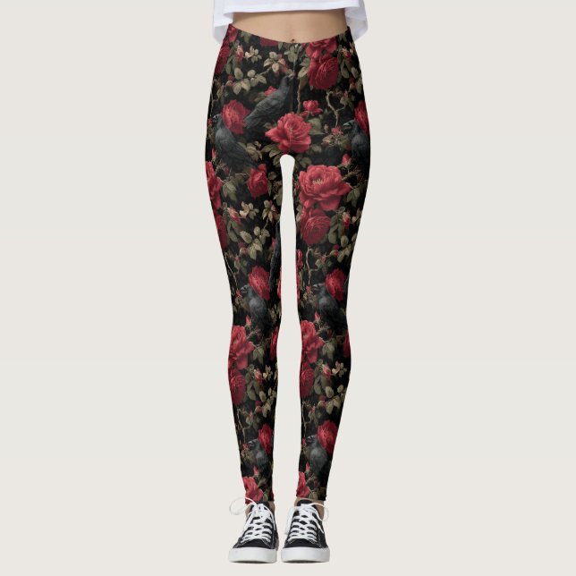 Legging Padrão Gótico com Rosas vermelhas e Corvos (Frente)
